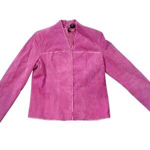 Pink Ruffle Trim Suede Jacket Size M PETITE Fitted Hook Front Feminine Y2K